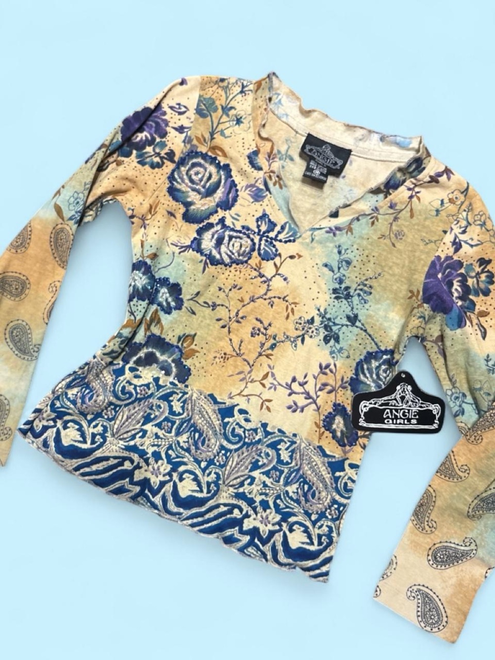 Dead stock Angie Floral V-Neck Long Sleeve Top in Beige and Blue